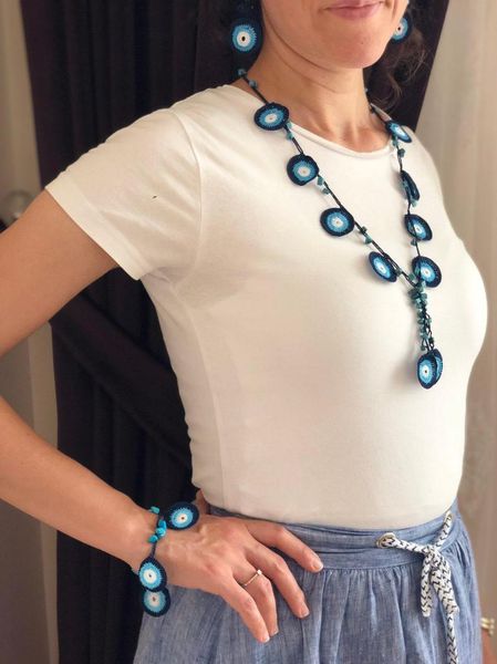 earrings & necklace turkish oya crochet evil eye jewelry set with natural stones bracelet handmade hand knitted boho, Silver
earrings & necklace turkish oya crochet evil eye jewelry set with natural stones bracelet handmade hand knitted boho, Silver