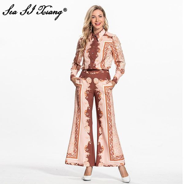 women's two piece pants seasixiang fashion designer early autumn suit women turn-down collar long sleeve shirt + sashes flare print set, White
women's two piece pants seasixiang fashion designer early autumn suit women turn-down collar long sleeve shirt + sashes flare print set, White