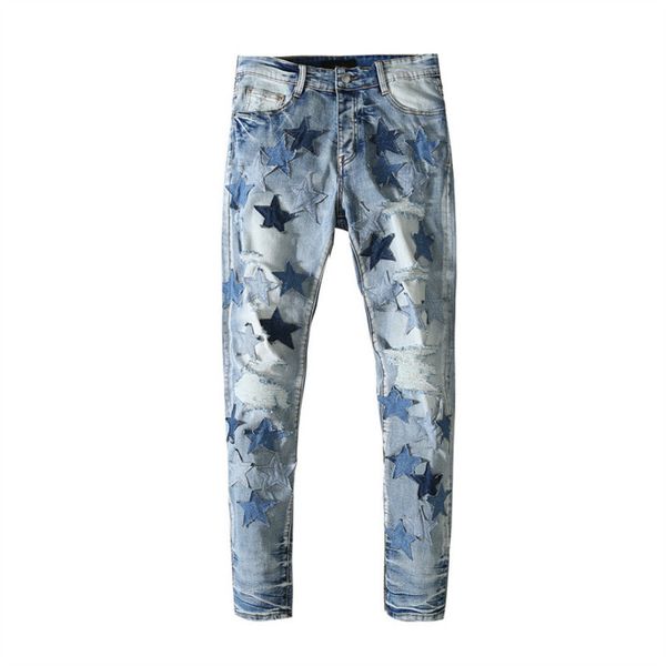 men's jeans star pasted cloth frosted, used washed in europe and america, Blue
men's jeans star pasted cloth frosted, used washed in europe and america, Blue