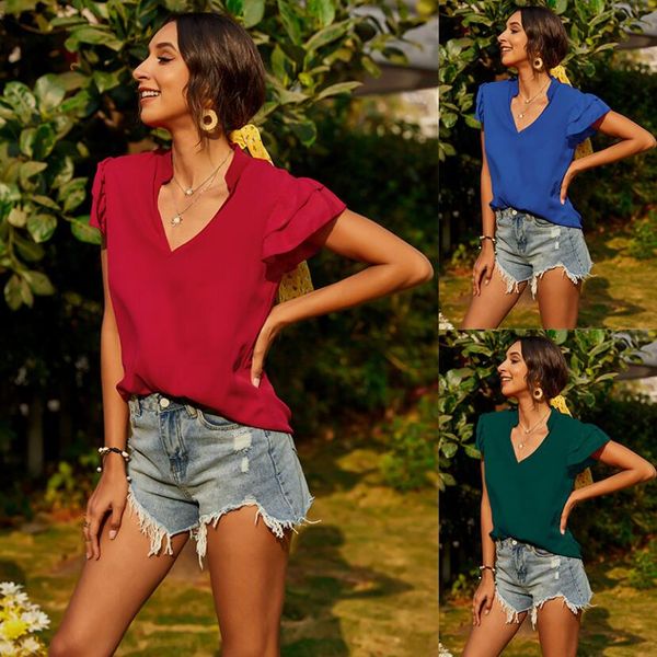 women's t-shirt casual short ruffle sleeve blouses loose v neck office lady summer tee female t-shirts, White
women's t-shirt casual short ruffle sleeve blouses loose v neck office lady summer tee female t-shirts, White