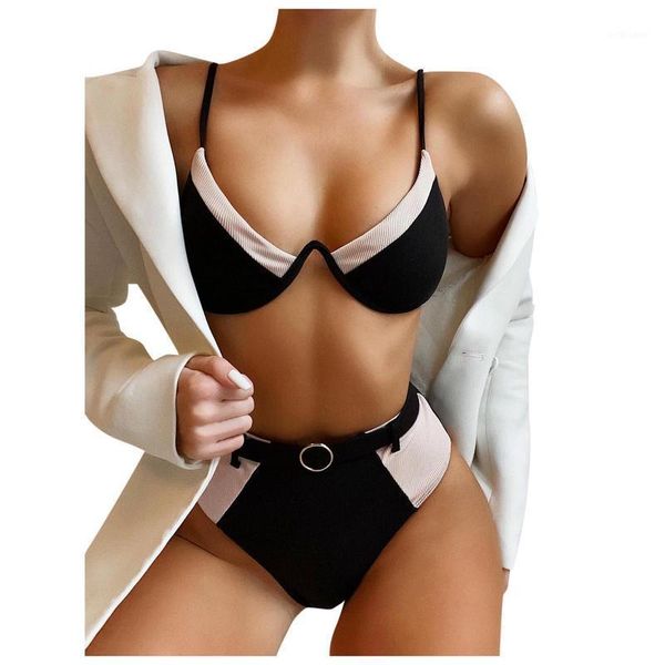 women's swimwear fashion designer patchwork metal ring belt swimsuit women printing two piece bikini set push up bathing high waist, White;black
women's swimwear fashion designer patchwork metal ring belt swimsuit women printing two piece bikini set push up bathing high waist, White;black