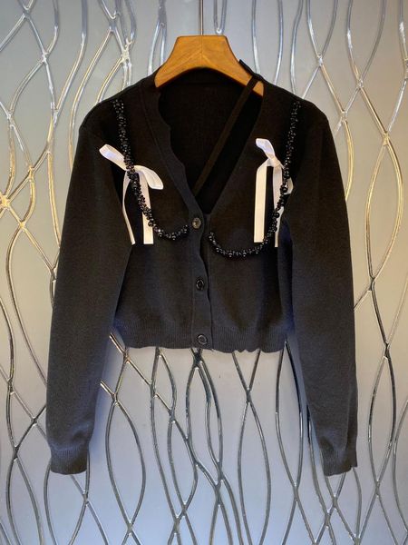 women's knits & tees the 2021 black bowknot crystal chain cardigan 0926, White
women's knits & tees the 2021 black bowknot crystal chain cardigan 0926, White