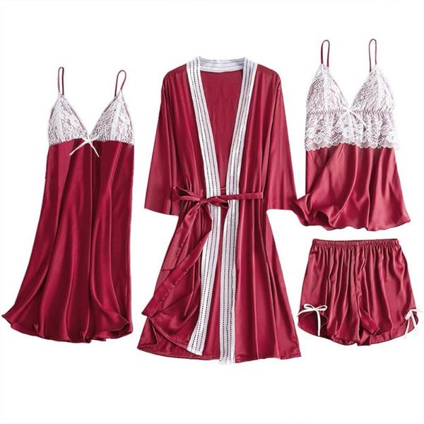 women's sleepwear 4pcs/set women silk robe sleep suit lace satin pajamas gown set v-neck cami nighties wear pijama home nightwear sprin, Black;red
women's sleepwear 4pcs/set women silk robe sleep suit lace satin pajamas gown set v-neck cami nighties wear pijama home nightwear sprin, Black;red