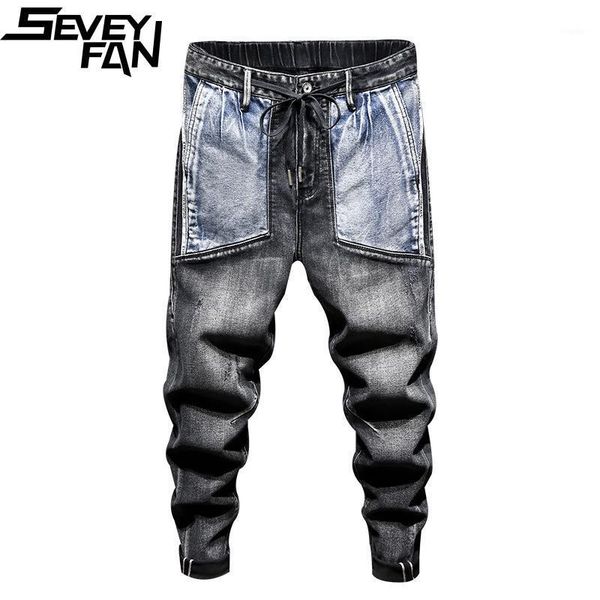 men's vintage patchwork pencil jeans hip hop drawstring joggers pants for male, Blue
men's vintage patchwork pencil jeans hip hop drawstring joggers pants for male, Blue