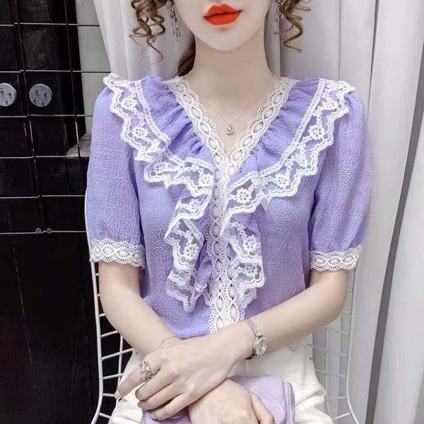 women's blouses & shirts design sense v-neck ruffled lace shirt summer 2021 western style age-reducing short-sleeved t-shirt female tre, White
women's blouses & shirts design sense v-neck ruffled lace shirt summer 2021 western style age-reducing short-sleeved t-shirt female tre, White