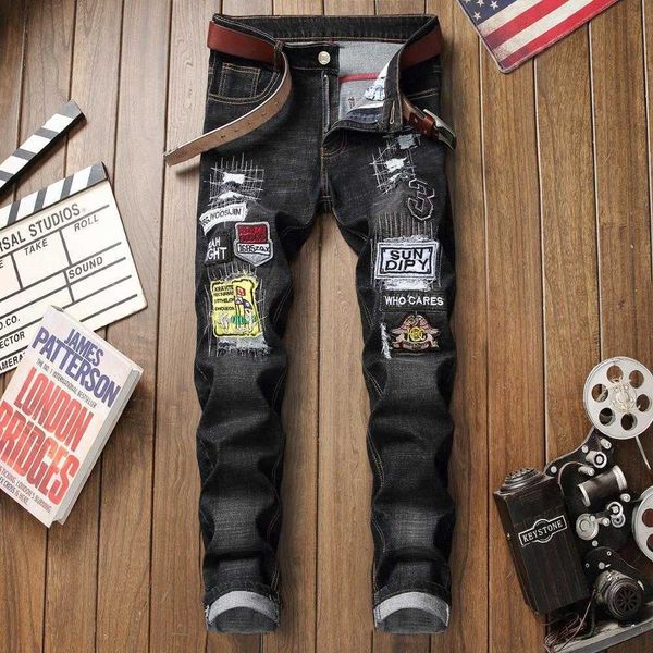 men's jeans designer fashion patch hole ripped slim straight washed denim hip hop personality long trousers fm7m razr, Blue
men's jeans designer fashion patch hole ripped slim straight washed denim hip hop personality long trousers fm7m razr, Blue