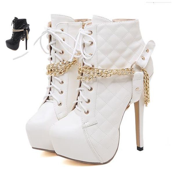 14cm white black gold chain grid design platform shoes high heels ankle knight boots size 35 to 40
14cm white black gold chain grid design platform shoes high heels ankle knight boots size 35 to 40