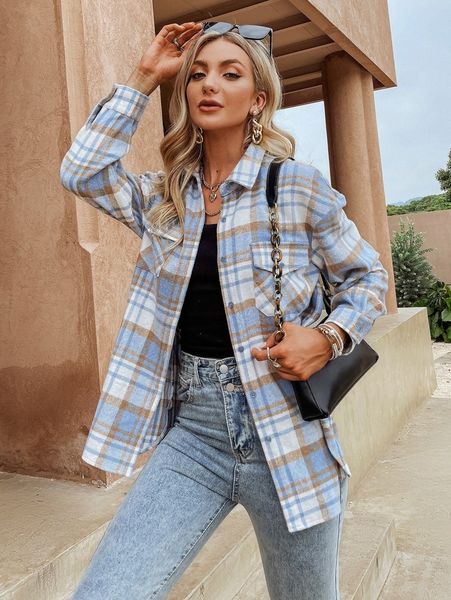 simplee plaid flap pocket button through blouse d20q#, White
simplee plaid flap pocket button through blouse d20q#, White