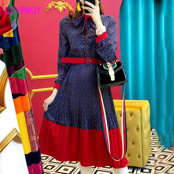 korean retro floral contrast color bow design high waist slimming dress with belt 210603, Black;gray 
korean retro floral contrast color bow design high waist slimming dress with belt 210603, Black;gray