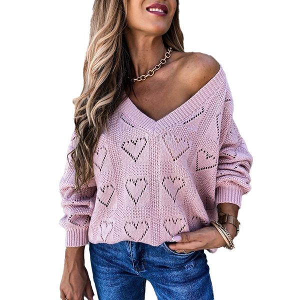 women's t-shirt solid color v-neckt-shirt heart-shaped hollow loose knit sweater, White
women's t-shirt solid color v-neckt-shirt heart-shaped hollow loose knit sweater, White