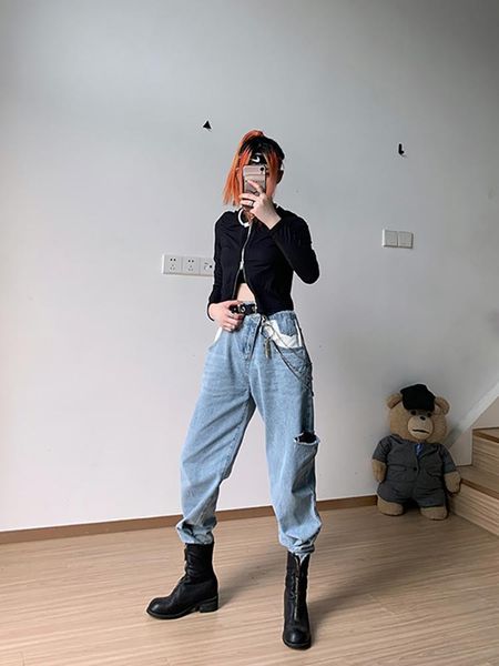 women's jeans 2021 denim careful machine hole color matching cut loose female mopping pants hip hop asymmetric waist age, Blue
women's jeans 2021 denim careful machine hole color matching cut loose female mopping pants hip hop asymmetric waist age, Blue