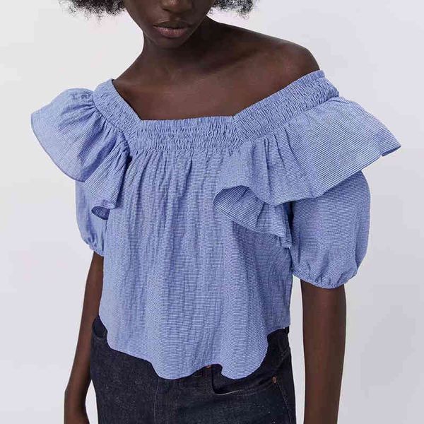 za summer women ruffles blouse puff sleeve plaid printed slash neck female loose thin 210422, White
za summer women ruffles blouse puff sleeve plaid printed slash neck female loose thin 210422, White