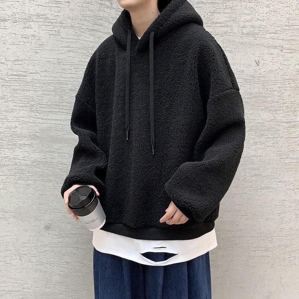 men's hoodies & sweatshirts 2021 autumn winter hooded lambskin fake two-piece sweatshirt solid color simple loose pullover coat for stu, Black
men's hoodies & sweatshirts 2021 autumn winter hooded lambskin fake two-piece sweatshirt solid color simple loose pullover coat for stu, Black