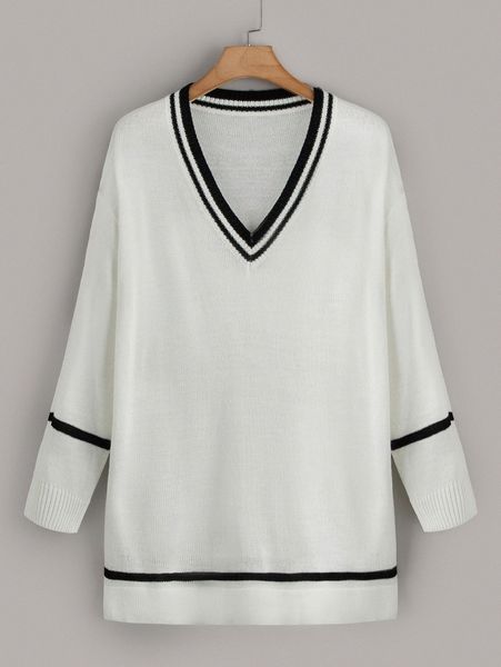 plus striped trim v-neck sweater 3583#, Black