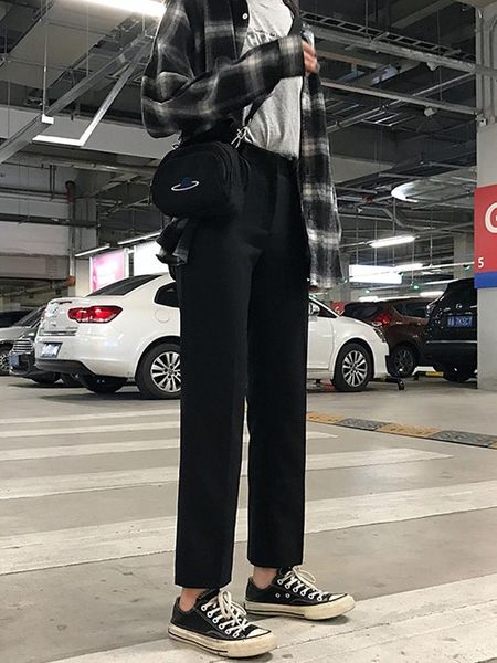 black pants women's fashion autumn and winter thin show versatile suit high waist students loose drop feeling straigh & capris, Black;white
black pants women's fashion autumn and winter thin show versatile suit high waist students loose drop feeling straigh & capris, Black;white