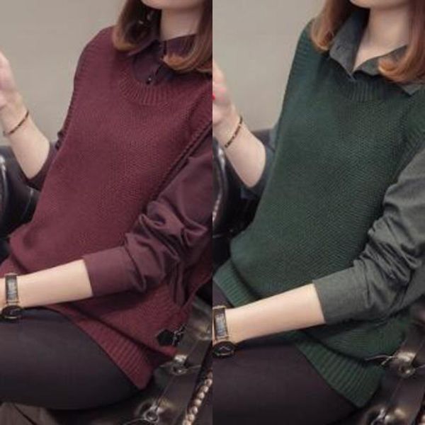 women's sweaters women autumn loose sweater turn-down collar fashion shirt fake two pieces femme comfort soft knitted pullover, White;black 
women's sweaters women autumn loose sweater turn-down collar fashion shirt fake two pieces femme comfort soft knitted pullover, White;black