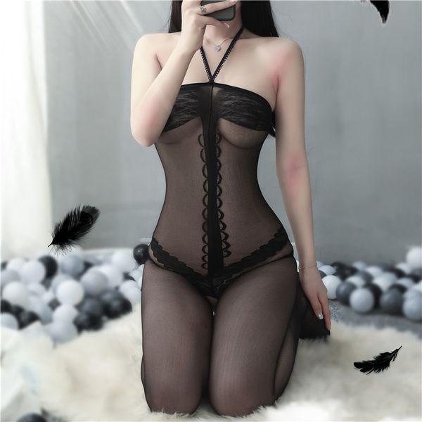 one lingerie perspective piece tight net clothes hanging neck stockings set, Red;black
one lingerie perspective piece tight net clothes hanging neck stockings set, Red;black