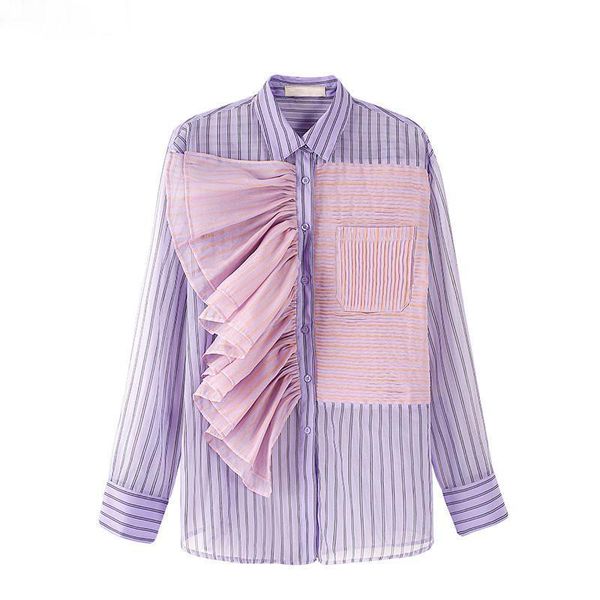 women's blouses & shirts 2021 spring korean chic striped long shirt asymmetry design side ruffled oversize loose purple blouse women fa, White
women's blouses & shirts 2021 spring korean chic striped long shirt asymmetry design side ruffled oversize loose purple blouse women fa, White