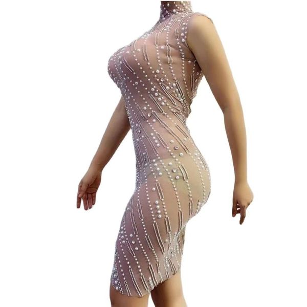 stage wear womens fashion rhinestone pearl bodycon dresses see through evening show performance, Black;red 
stage wear womens fashion rhinestone pearl bodycon dresses see through evening show performance, Black;red