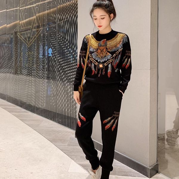 two piece dress warm black knitted sweaters 2 set women eagle embroidery winter clothes pants casual ladies tracksuits, White
two piece dress warm black knitted sweaters 2 set women eagle embroidery winter clothes pants casual ladies tracksuits, White