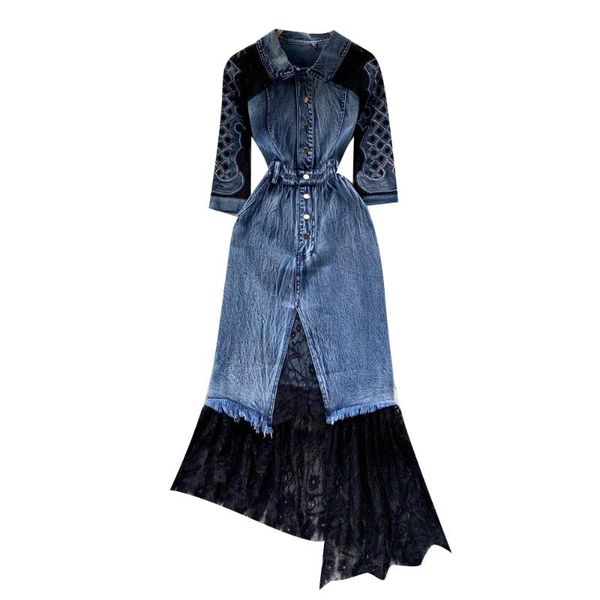 casual dresses 2021 autumn high-end fashion denim lace stitching hollow dress female irregular slit three-quarter sleeves waist long skirt, Black;gray
casual dresses 2021 autumn high-end fashion denim lace stitching hollow dress female irregular slit three-quarter sleeves waist long skirt, Black;gray