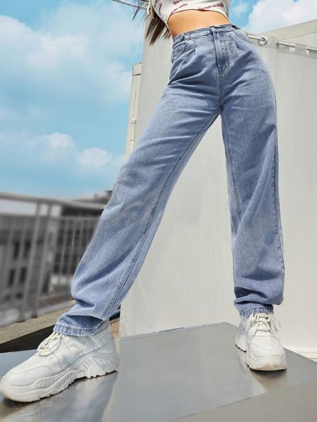 high waist straight leg jeans g29e#, Blue