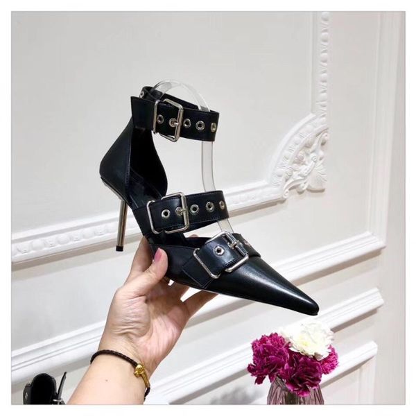 women pointed toe genuine leather buckled high heel sandals shoes, Black