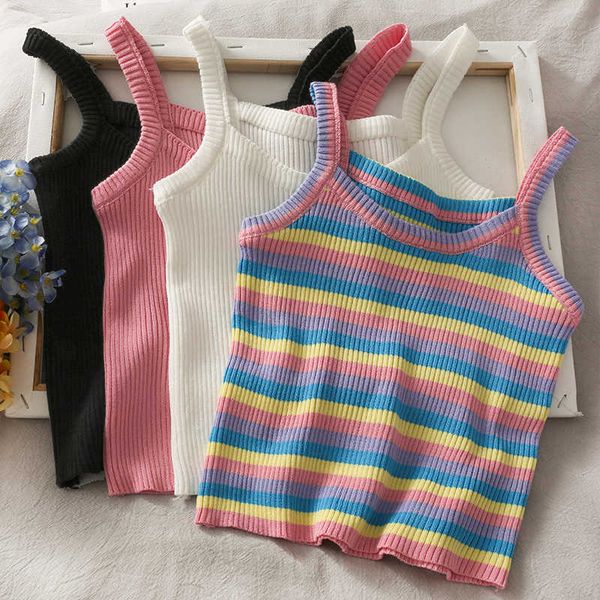 short cropped navel all-match knitted camisole women's summer color striped outer wear 210709, White
short cropped navel all-match knitted camisole women's summer color striped outer wear 210709, White