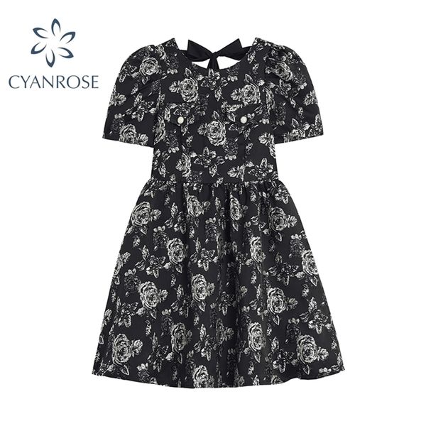 vintage flower printed short sleeve women dresses summer korean retro elegant backless bow bandage casual female 210515, Black;gray
vintage flower printed short sleeve women dresses summer korean retro elegant backless bow bandage casual female 210515, Black;gray
