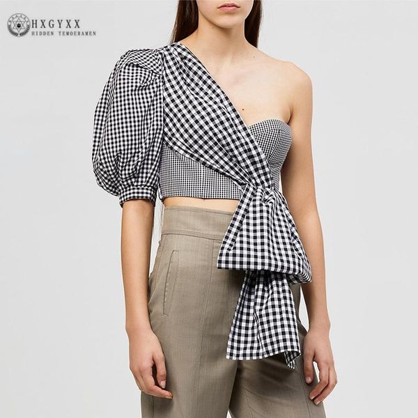 

summer slim short plaid blouse women fashion asymmetric shoulder bubble sleeve tube female w008 women's blouses & shirts, White