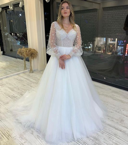 v neck long sleeves a line wedding dress bridal gowns sequined beads sweep train lace-up tulle plus size bride dresses, White
v neck long sleeves a line wedding dress bridal gowns sequined beads sweep train lace-up tulle plus size bride dresses, White