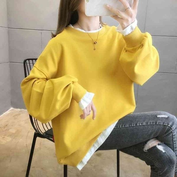 2021 autumn korean color blocking versatile long sleeved sweater women's fat mm oversized loose thin fake two-piece fashion, Black
2021 autumn korean color blocking versatile long sleeved sweater women's fat mm oversized loose thin fake two-piece fashion, Black