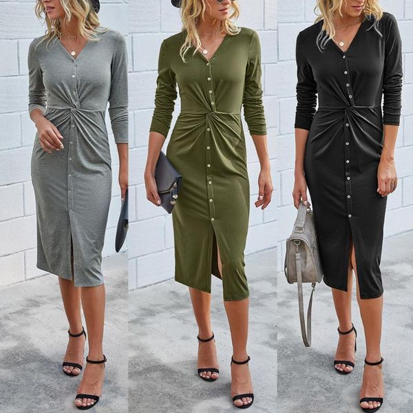 knitted slim fit dress ladies fashion v-neck buttons bodycon women casual evening party vestido de fest dresses, Black;gray
knitted slim fit dress ladies fashion v-neck buttons bodycon women casual evening party vestido de fest dresses, Black;gray