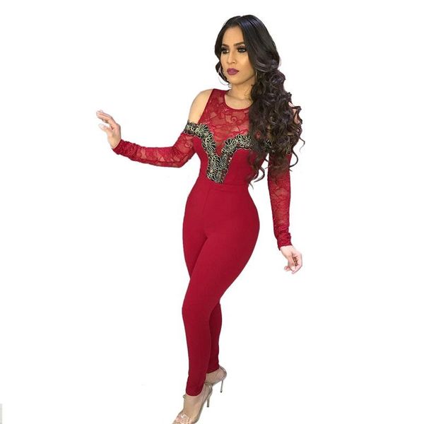 women's jumpsuits & rompers women 2021 lace embroidery splicing cut out shoulder skinny pencil jumpsuit bodycon party romper playsuit, Black;white