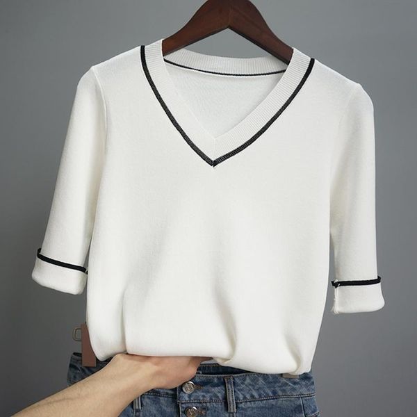 women's sweaters v-neck patchwork slim sweater women elastic knitted pullover half sleeve all match basic 2021 autumn arrival, White;black
women's sweaters v-neck patchwork slim sweater women elastic knitted pullover half sleeve all match basic 2021 autumn arrival, White;black