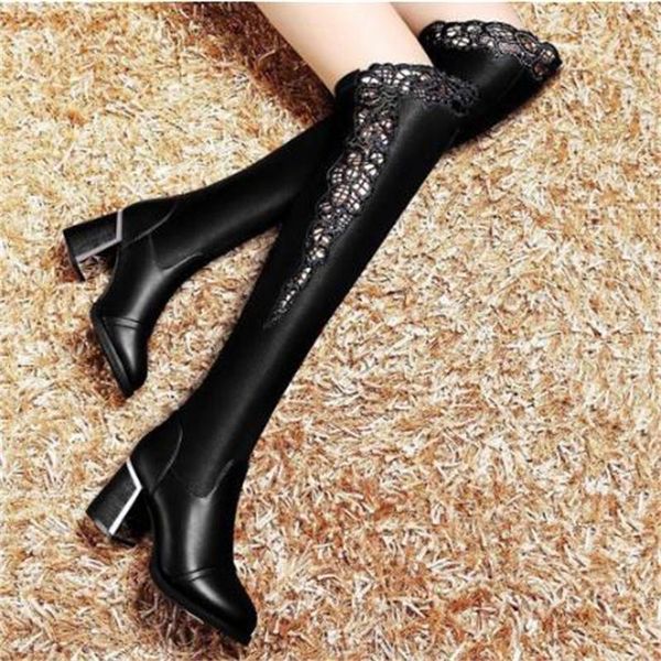 women embroidered lace knee bare boots square high heel casual long tube booties lady over thigh shoes, Black
women embroidered lace knee bare boots square high heel casual long tube booties lady over thigh shoes, Black