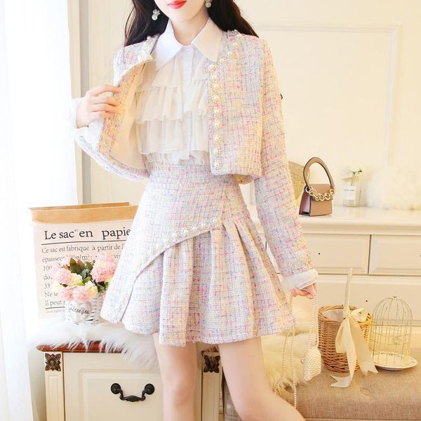two piece dress women clothes stripe temperament long sleeve single-breasted two-piece suit rough tweed short jacket pleated skirt, White
two piece dress women clothes stripe temperament long sleeve single-breasted two-piece suit rough tweed short jacket pleated skirt, White