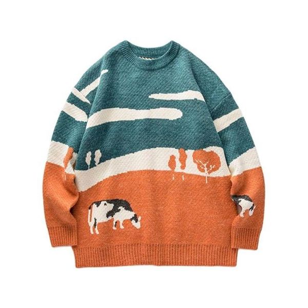 men's sweaters vintage cows pattern men sweater 2021 autumn winter casual o-neck harajuku knitted pullover women couples jumper, White;black
men's sweaters vintage cows pattern men sweater 2021 autumn winter casual o-neck harajuku knitted pullover women couples jumper, White;black