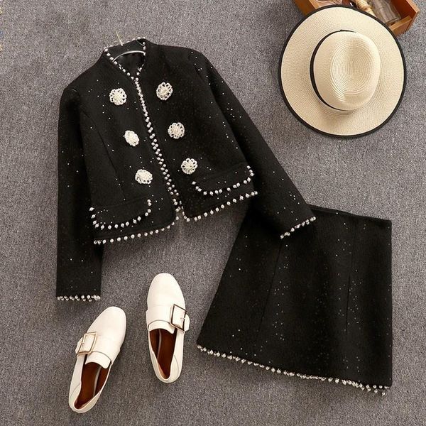 two piece dress winter sequined women set pearls fall beading black tweed coat mini skirt 2, White
two piece dress winter sequined women set pearls fall beading black tweed coat mini skirt 2, White