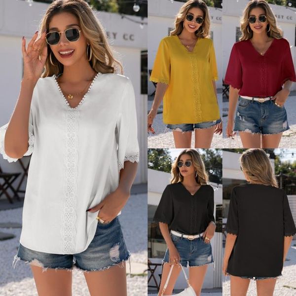 women's t-shirt women's simple temperament stitching v-neck short-sleeved shirt foreign trade solid color hollow women, White
women's t-shirt women's simple temperament stitching v-neck short-sleeved shirt foreign trade solid color hollow women, White