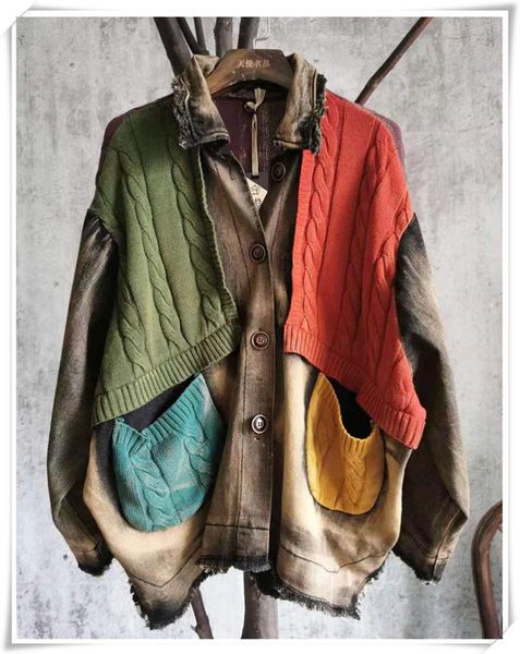 women's jackets 2021 national retro vintage washed denim and knitted contrasting color stitching patch pocket buckle slim jacket, Black;brown
women's jackets 2021 national retro vintage washed denim and knitted contrasting color stitching patch pocket buckle slim jacket, Black;brown