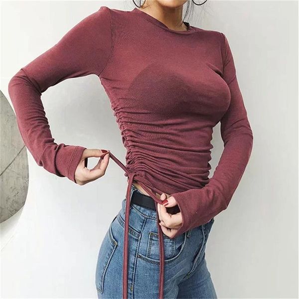 women's t-shirt spring 2021 pleated solid color casual long sleeve shirt drawstring, White
women's t-shirt spring 2021 pleated solid color casual long sleeve shirt drawstring, White