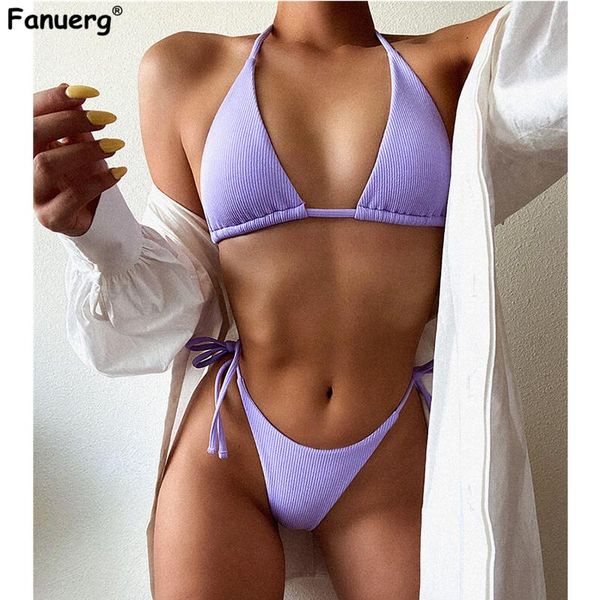 women's swimwear fanuerg women halter thong bikini 2021 tie two side bottom triangle swimsuits ribbed piece bathing suit, White;black
women's swimwear fanuerg women halter thong bikini 2021 tie two side bottom triangle swimsuits ribbed piece bathing suit, White;black