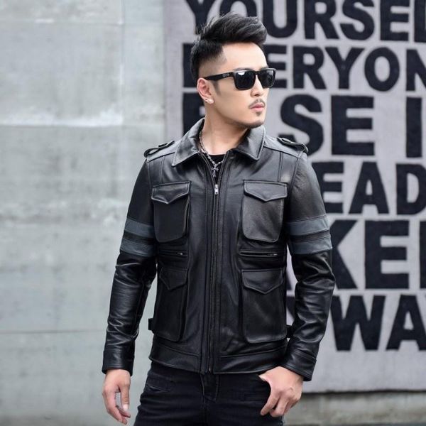men's leather & faux motorcycle classic bikers jacket mens genuine coat slim fit multiple pockets cowhide cargo jackets large size oute, Black
men's leather & faux motorcycle classic bikers jacket mens genuine coat slim fit multiple pockets cowhide cargo jackets large size oute, Black