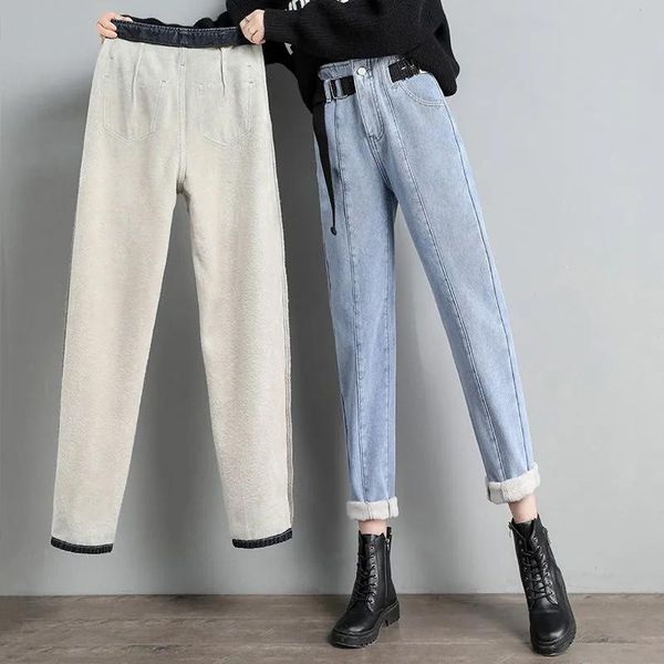 women's jeans winter warm high waist korean fashion fleece denim trousers with belt vintage velvet boyfriend plus size harem pants, Blue
women's jeans winter warm high waist korean fashion fleece denim trousers with belt vintage velvet boyfriend plus size harem pants, Blue