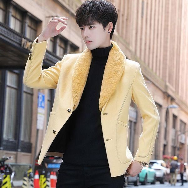 men's jackets contrast stitching fur collar wool blend coat jacket men 2021 4 solid color yellow green slim fit soft warm winter wear, Black;brown
men's jackets contrast stitching fur collar wool blend coat jacket men 2021 4 solid color yellow green slim fit soft warm winter wear, Black;brown
