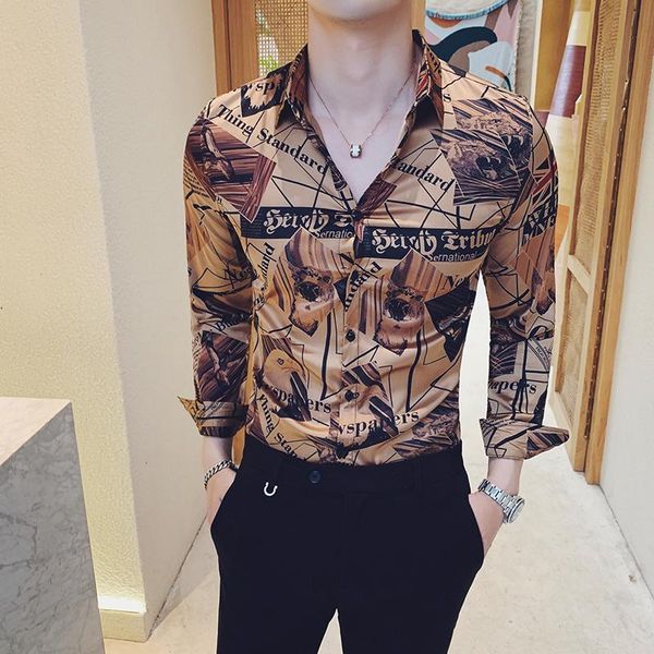men's casual shirts fashion designer gold print mens slim long sleeve dress shirt men night club social clothing, White;black
men's casual shirts fashion designer gold print mens slim long sleeve dress shirt men night club social clothing, White;black