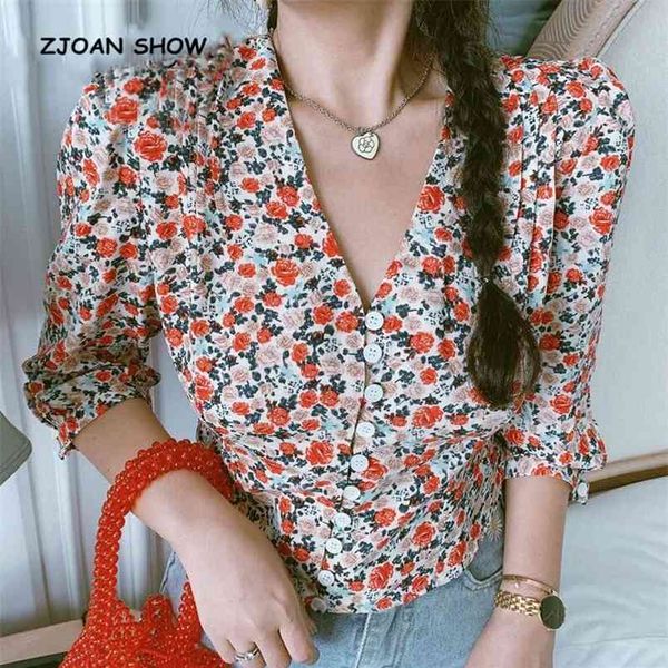 france retro pleated puff sleeve red rose floral print shirt elegant single-breasted buttons slim waist women blouse 210429, White
france retro pleated puff sleeve red rose floral print shirt elegant single-breasted buttons slim waist women blouse 210429, White