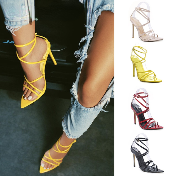 new pointed women's shoes cross laces thin heels large high-heeled sandals, Black