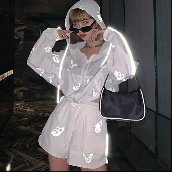 summer casual thin two piece women tracksuits set hooded and short pants female hip hop loose butterfly reflective, Gray 
summer casual thin two piece women tracksuits set hooded and short pants female hip hop loose butterfly reflective, Gray